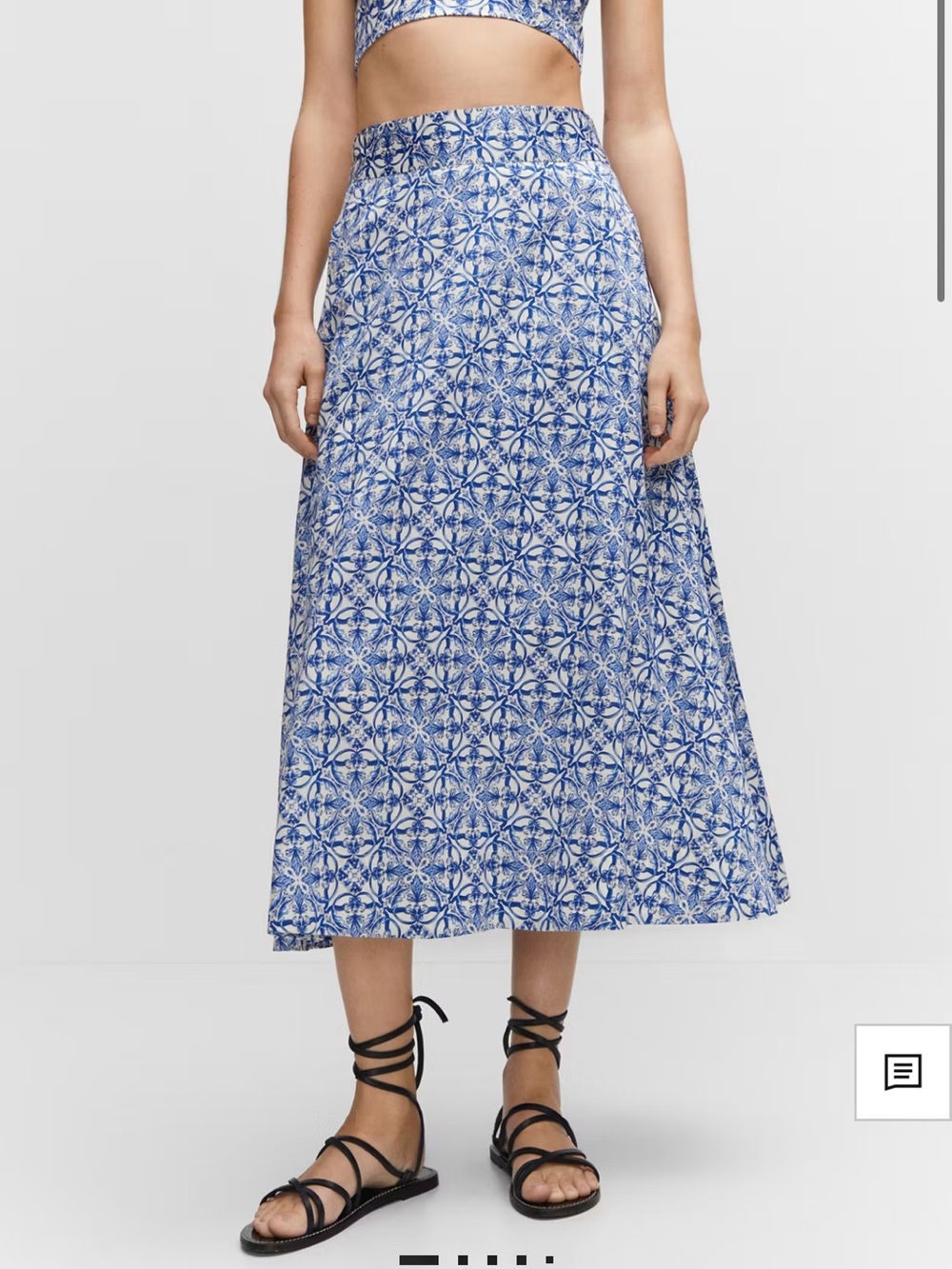 Blue Tile-Print A-Line Midi Skirt 100% cotton
